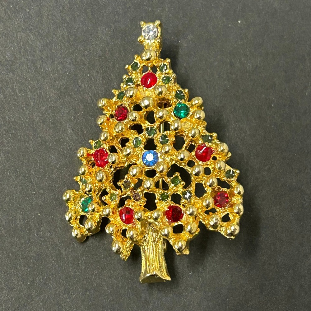 Christmas Tree Brooch Unisex OS Gold Holiday Rhinestone Good Vintage